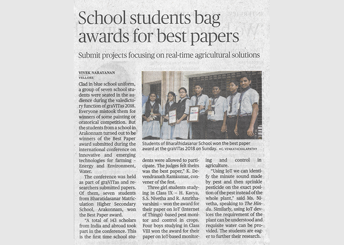 Bharathidhasanar School Students Win Best Paper Award at graVITas 2018, VIT Vellore